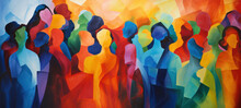 Abstract Colorful Art Watercolor Painting Depicts A Diverse Group Of People United