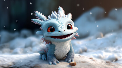 Cute little dragon in the winter forest. Christmas Dragon 2024. Generative.