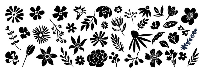 Wall Mural - Set of flower and leaves silhouettes. Hand drawn floral design elements, icons, shapes. Wild and garden flowers, leaves black and white outline illustrations isolated on transparent background.