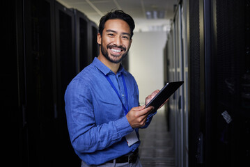 Poster - Tablet, man and portrait in server room of engineer programming at night. Information technology, face and happy Asian technician in data center, networking and coding software of system admin expert