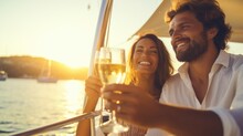 Couple Relax And Enjoy Luxury Outdoor Lifestyle Celebration Party Drinking Champagne Together While Travel On Luxury Private Catamaran Boat Yacht Sailing In The Ocean On Summer Holiday Vacation.
