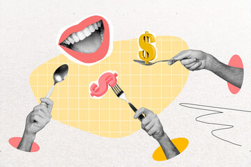 Poster - Collage image of black white effect arms hold spoon fork eat dollar money symbol big smiling mouth isolated on drawing background