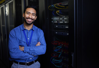 Leinwandbilder - Server room, portrait or happy male developer for online cybersecurity glitch or machine system. IT support, smile or proud engineer fixing network for information technology solution in data center