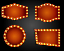 Retro Lightboxes, Cinema Signs Or Billboard Signage. Vector Movie Theater Light Frames. Retro Lightboxes And Signboards For Circus Show, Vegas Casino Club, Vintage Light Bulb Boxes, Banners 