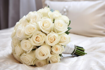 A wedding bouquet of roses is lying on the bed
