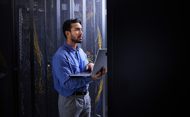 Man, thinking and laptop for server room inspection, data center solution and coding, engineering and programming. Person on computer, information technology check or electrician with cables at night