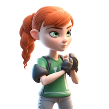 3D Illustration Of A Teenage Girl With Red Hair And Green Baseball Gloves