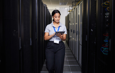 Wall Mural - woman, tablet and engineer in server room on research for programming at night. information technolo