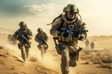 Equipped Special Forces sprinting in desert battleground. Armed soldiers, full gear. Wartime epic..