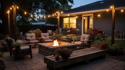 Wall Mural - Backyard fire pit with 4x4 posts in planters with Edison bulbs strung from them