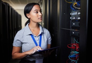 Leinwandbilder - Woman, tablet and thinking in server room, programming solution or coding ideas for cybersecurity or data center backup. Engineering person on digital software, hardware inspection and basement check
