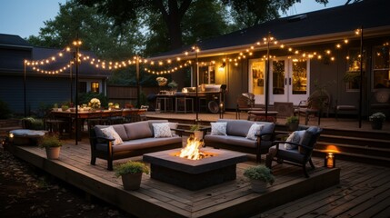 Wall Mural - Backyard fire pit with 4x4 posts in planters with Edison bulbs strung from them