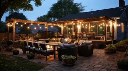 Wall Mural - Backyard fire pit with 4x4 posts in planters with Edison bulbs strung from them