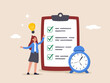 Checklist, online exam, notes concept. Online survey form with characters. Business woman marks on the to-do list with giant clock. Flat vector illustration for UI, web banner, mobile app.