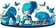 Cute And Whimsical Illustration Of A Girl With Blue Spots Tea Party Theme With Animal Spots Vector Elements Perfect For Childrens Books.invitations.or Decorations