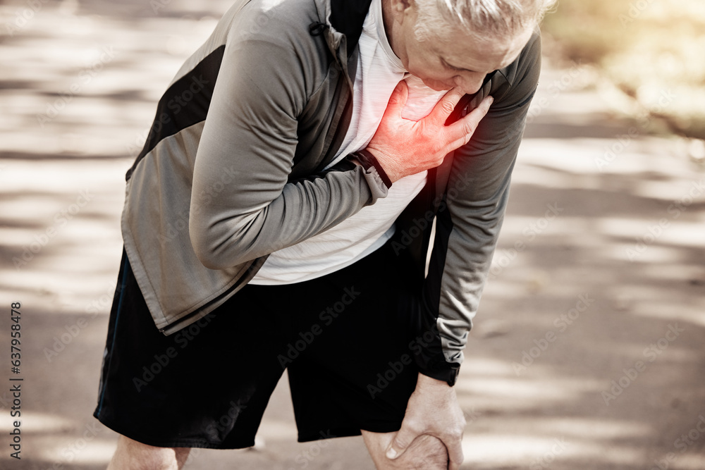 Chest pain, heart attack and running, fitness and red overlay, injury ...