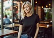 Young blonde woman wearing Bella Canvas black t-shirt mock up