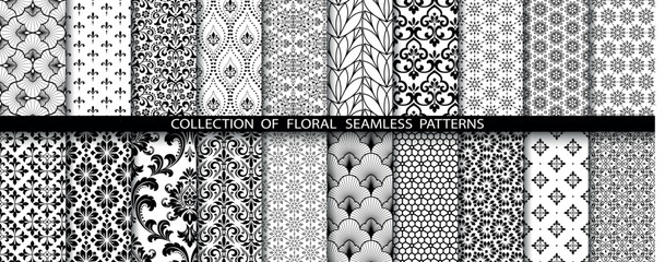 Geometric floral set of seamless patterns. White and black vector backgrounds. Damask graphic ornaments.