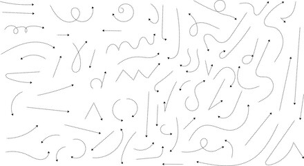 Sticker - Hand drawn dotted arrows. Hand drawn freehand different curved lines, swirls arrows. Curved arrow line. Doodle, sketch style. Isolated Vector illustration.