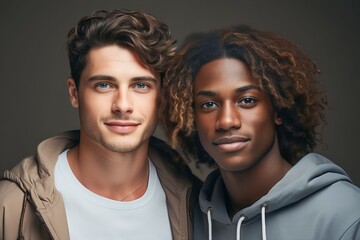 group men of different races smiles on studio background