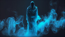 Fantasy Neon Ghost In Blue Smoke On A Black Background. 3d Rendering, Halloween Concept, Ai Generated Image