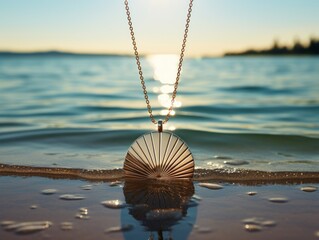 Wall Mural - Un collier coquillage suspendu sur un fond d'océan avec des rayons de soleil filtrant à travers l'eau pour représenter la relation entre les colliers coquillages et la spiritualité océanique,