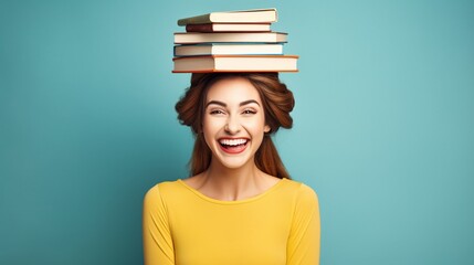 Happy young woman with stacked books on her head, isolated on blue background, with copy space.