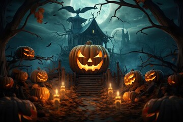 A haunted house in a dark forest, a haunted evil glowing eyes of Jack O Lanterns on a scary halloween night.