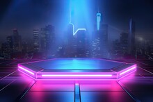 Metal Lighting Neon Podium Cyberpunk Unreal City Pink Blue Neon Lasers Stage Product Display Background, 3d Illustration Empty Display Showroom