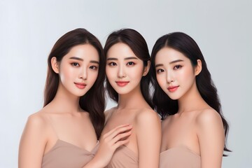 Wall Mural - group of a Beautiful young asian woman with clean fresh skin on white background, Face care, Facial treatment, Asian women portrait