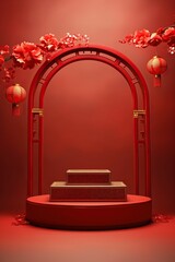 Wall Mural - Red podium with lantern chinese new year and gift box product stand podium background pedestal 3d