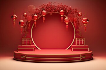 Wall Mural - Red podium with lantern chinese new year and gift box product stand podium background pedestal 3d