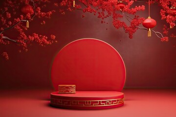 Wall Mural - Red podium with lantern chinese new year and gift box product stand podium background pedestal 3d