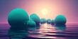 quiet pink sunset alternative reality concept landscape.  floating blue spheres on surface of water. surrealism, simultaneously an aesthetic of sea waves. AI. mental, emotional, and spiritual concept
