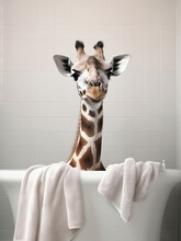 Giraffe In Bath, Giraffe Bathing In The Bathtub, Funny Animal, Bathroom Interior Safari Poster, Generative Ai	