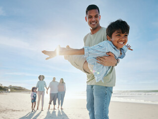 Wall Mural - Beach, airplane and father with child and family in nature for freedom, fun and bond together at sea. Love, flying and excited kid with dad at the ocean for playing with grandparents on travel trip