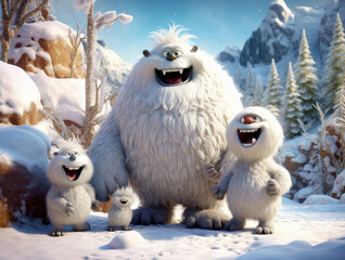 Funny white yeti with his children