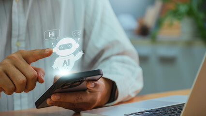 Leinwandbilder - Business chatting a smart AI using an artificial intelligence chatbot developed with AI robot. automatically respond online messages intelligent service to help customers.