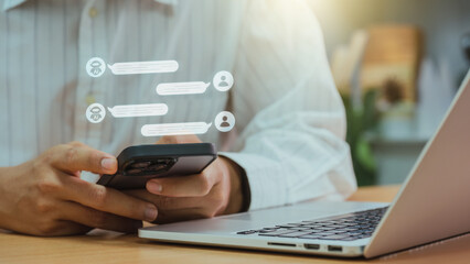 Aufkleber - Business man using digital chatbot application Artificial Intelligence at home for online customer service. AI Chat Technology for Seamless Communication and Customer Engagement.