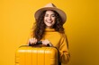 Happy Woman Ready to Travel with Suitcase. Generative Ai