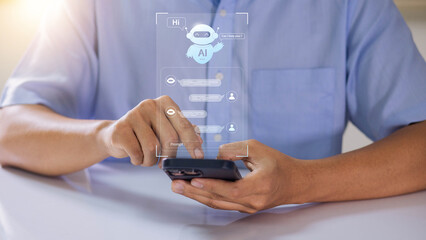 Aufkleber - Business man using digital chatbot application Artificial Intelligence at home for online customer service. AI Chat Technology for Seamless Communication and Customer Engagement.