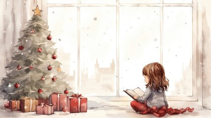 Wall Mural - A little girl sitting in front of a christmas tree reading a book