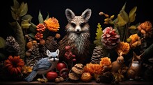 A Playful Arrangement Featuring Colorful Leaves, Pinecones, And A Curious Arrangement Of Forest Animals - Generative Ai