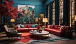 a colorful living room with many art pieces, teal and red, atmospheric environments, pre world war ii school of paris