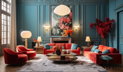 a colorful living room with many art pieces, teal and red, atmospheric environments, pre world war ii school of paris