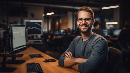 cheerful programmer man wearing eyeglasses working with computers in office.