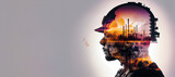 Fototapeta  - a double exposure worker head, an oil, gas, and petrochemical refinery facility demonstrates the future of electricity and the engineer