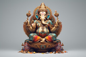 Wall Mural - Ganesha Hindu God , with flowers, oil painting taken up into heaven, sitting in front of bokeh mandala background