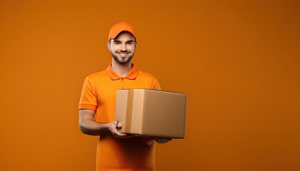 delivery man with a package, male courier wearing uniform holding box