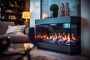 living room with fireplace closeup. Modern glass fake electric fireplace. Hi tech minimal interior